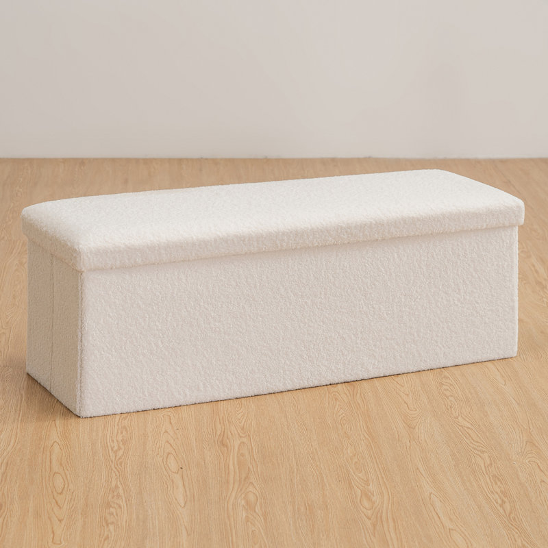 Folding Teddy Fleece Storage Ottoman With Storage, 15" H x 43" W x 15" D, White