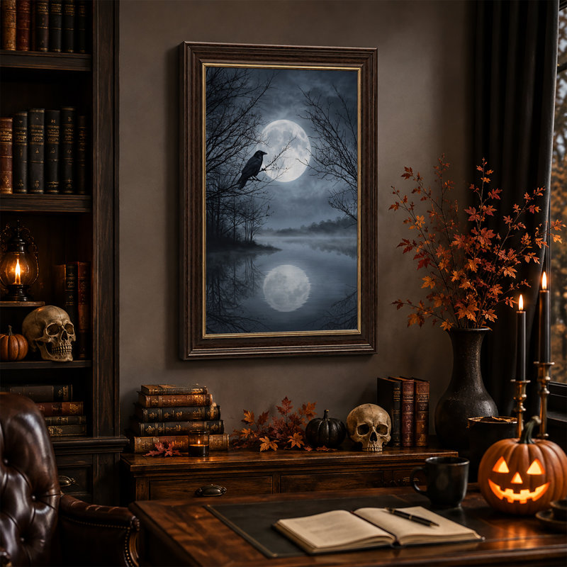 «Blue Moonlit Lake with Bare Trees and Crow», art mural sur toile, 24"H x 16"W