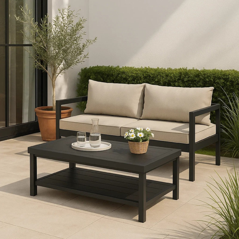 Ensemble de canapé et de table basse Lea, tablette de rangement ouverte, aluminium noir