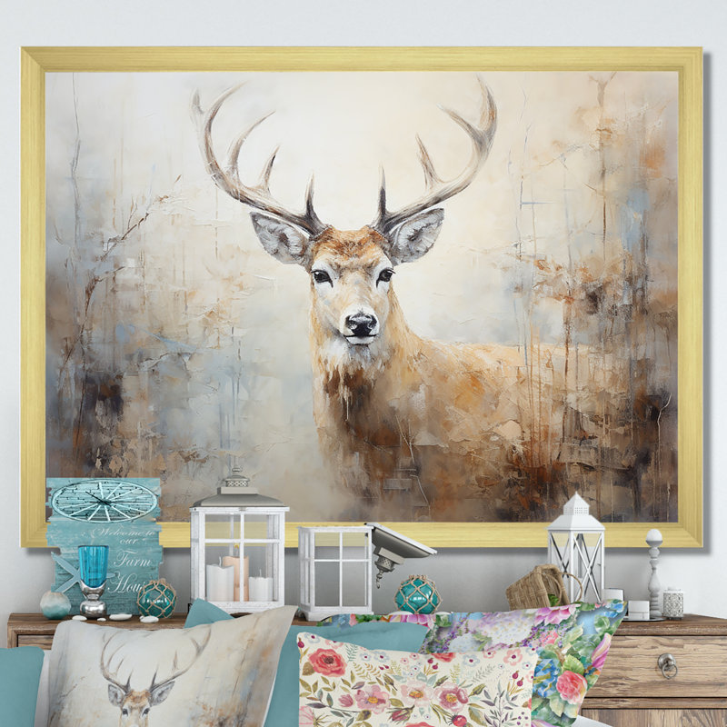 Minimalisme beige, portrait de cerf IV - impression sur toile encadrée de cerf, H 16 po x l 32 po x P 1 po, Cadre doré