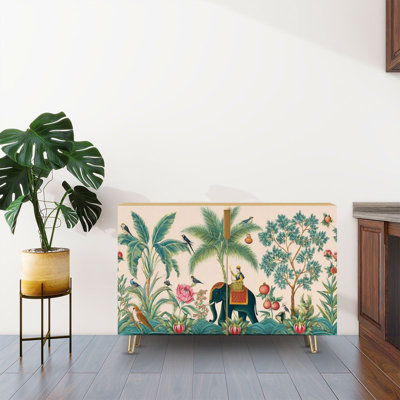 Sideboard Buffet Cabinet with Storage Vintage indian floral palm tree plant elephant animal bird with 2 Doors for Living Room and Kitchen