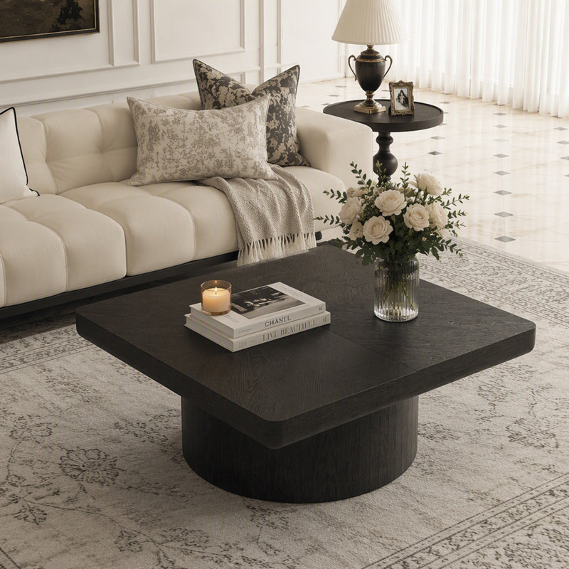 Table basse carrée avec base cylindrique, Noir