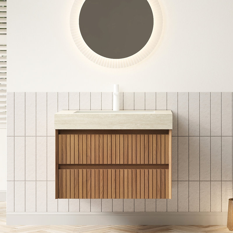 Meuble-lavabo suspendu de 76 cm (30 po), rangement en contreplaqué rayé, 2 tiroirs, motif pierre frittée, lavabo encastré en céramique, couleur, système de fermeture amortie pour les tiroirs, E0, meuble-lavabo et lavabo faciles à installer, armoire.