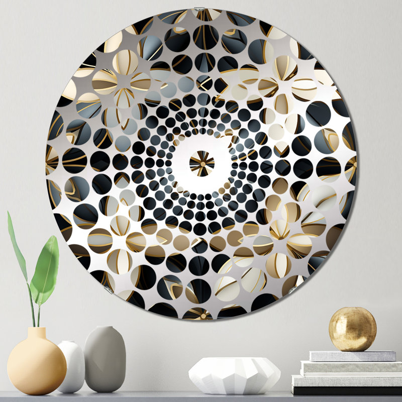 Dimensions des fleurs de mosaïque en marbre noir et or - Miroir décoratif à cercles concentriques, 31,4 po x 31,4 po
