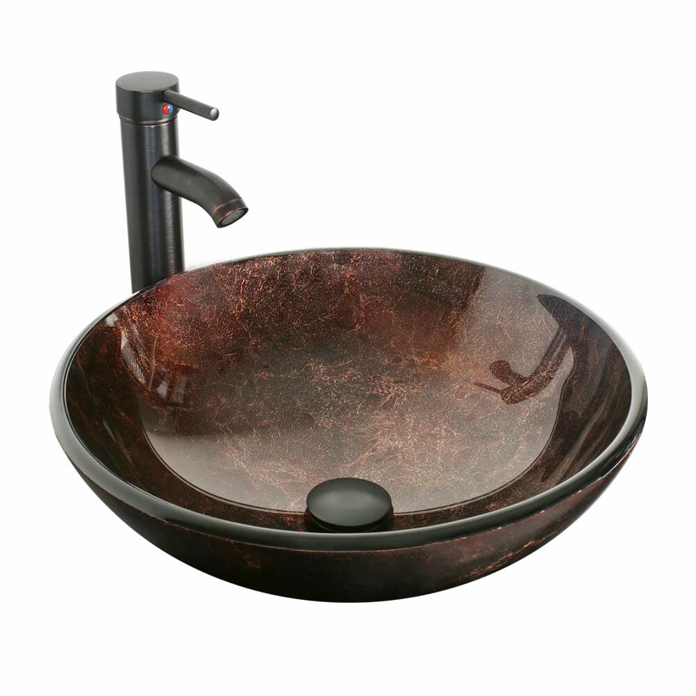 ECLIFE 16.5'' Brown Tempered Glass Circular Vessel Bathroom Sink with ...