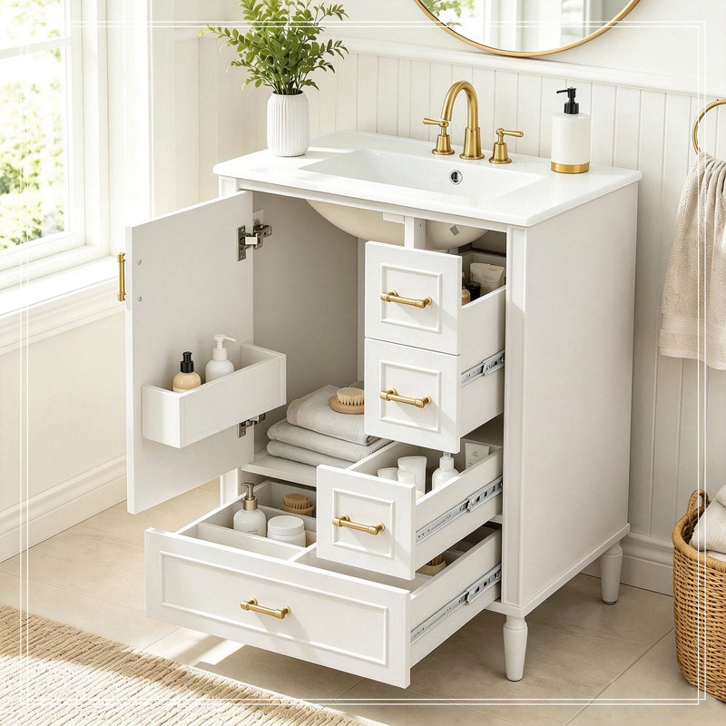 Meuble-lavabo avec lavabo, 3 tiroirs et poignées en métal, White