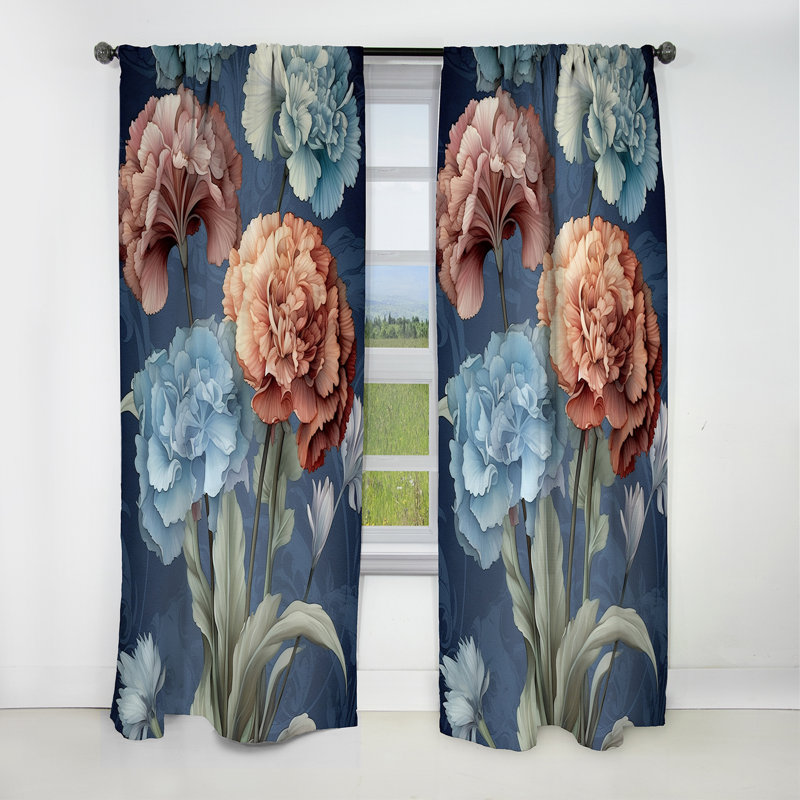 Corail bleu œillets Harmony II - Rideau floral - Rideau floral occultant en velours - 1 panneau, L 52 po x L 90 po