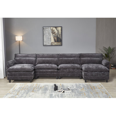 Asher U-Shape Sectional Sofa, 150.4" Wide Chenille Sofa with USB