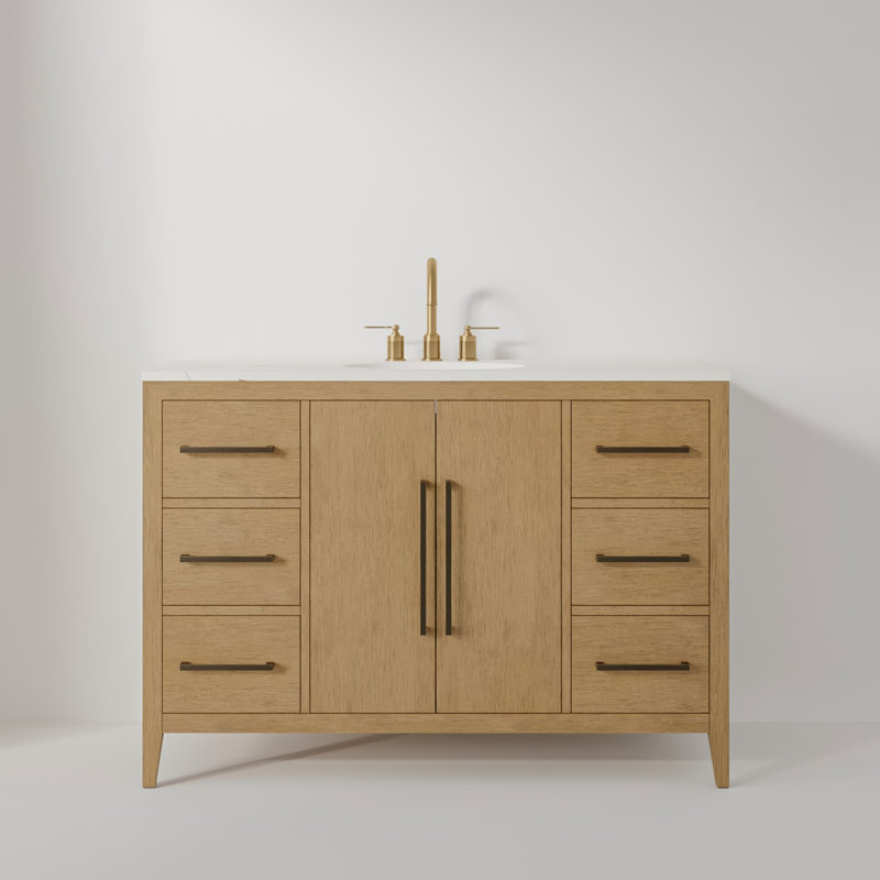 Alsup 48'' Single Bathroom Vanity with Quartz Top, Wire Brushed Oak