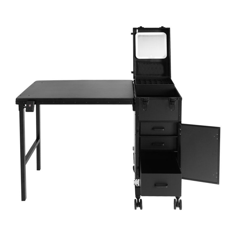 Rolling Foldable Manicure Table With 3 Drawers, Black
