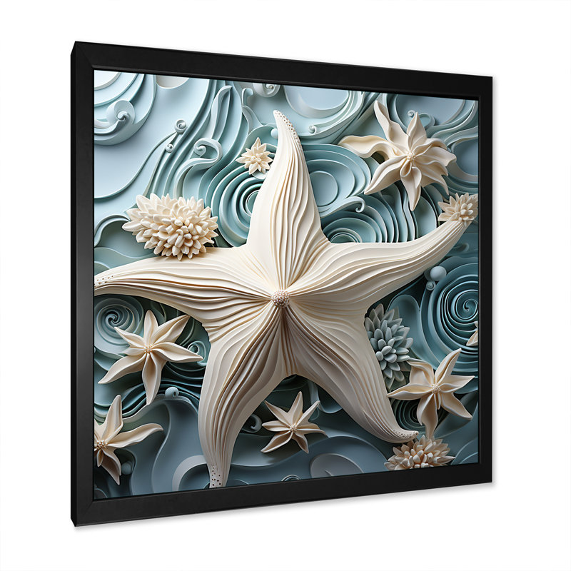 «White and Blue Oceanic Starfish Gem», art mural étoile de mer, H 30 po x l 30 po, Noir