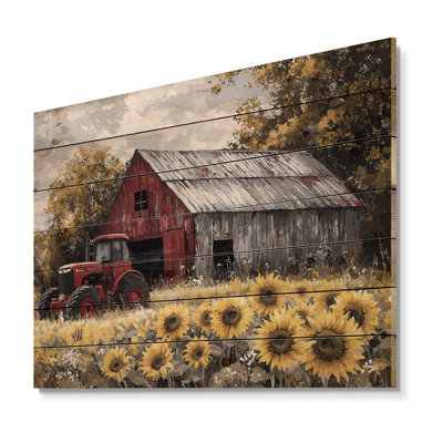 Country Side Sunflowers With Tractor Farm IV - Farm Wood Wall Decor - On Natural Pine Wood