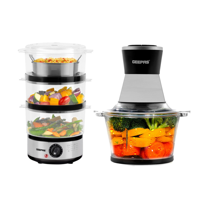 Geepas 3-Tier Food Steamer & 500W Mini Food Processor Combo