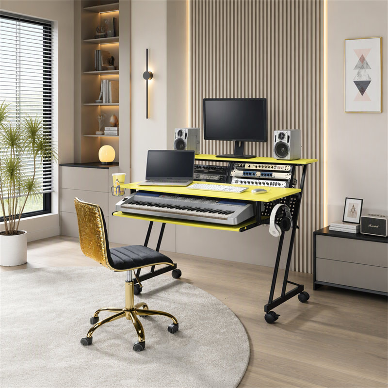 Bureau professionnel pour studio d'enregistrement de musique avec plateau à clavier et tablette pour une configuration efficace et créative du flux de travail (seulement le bureau inclus)