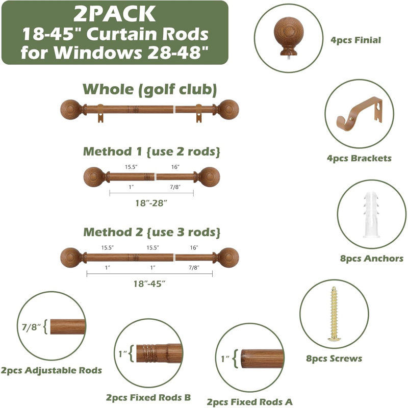 2 Pack Wood Curtain Rods