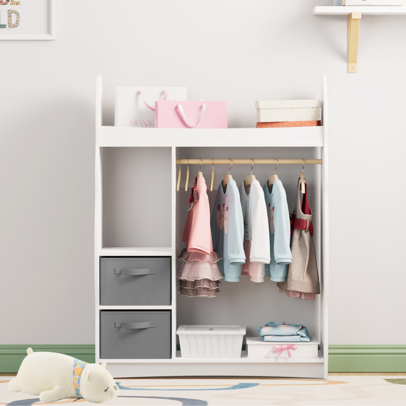 Kids Dress-Up Wardrobe with Child-Sized Mirror, Open Hanging Rail, Shelves & Drawers, White/Gray
