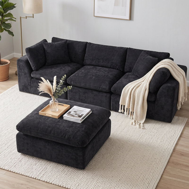 110" Boneless L-Shaped Modular Sectional Sofa with Ottoman, 3 Seat Chenille Cloud Couch for Living Room, No Assembly Required