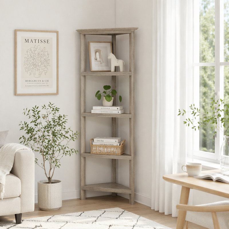 4-Shelf Tall Wood Corner Bookcase With Open Bookshelves, Gray Wash