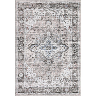 Vintage 5x7 Area Rug, Washable, Large, Distressed, Non-Slip, Non-Shedding, Low Pile, Living Room, Bedroom, Dining Room, Green.