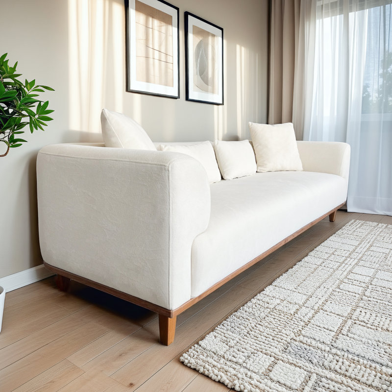 Canapé en velours scandinave Vero avec confort moelleux et base en bois massif, Crème