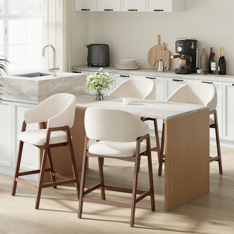 Upholstered Solid Wood Bar Stool Counter Stool, 4, Beige
