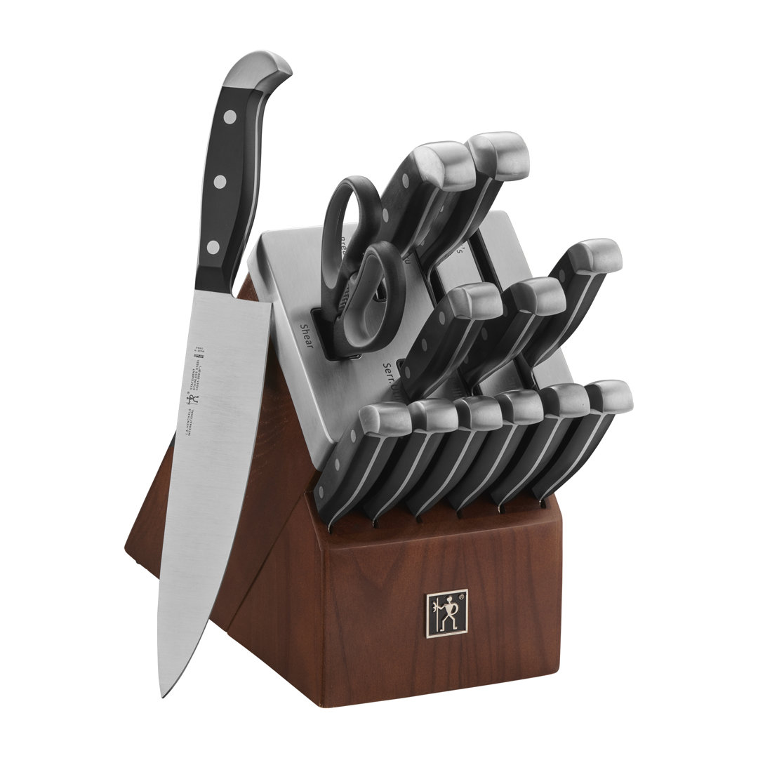HENCKELS Statement Self-Sharpening Knife Set with Block, Chef Knife, Paring Knife, Bread Knife, Steak Knife, 14-piece, Dark Brown, Stainless Steel HENCKELS