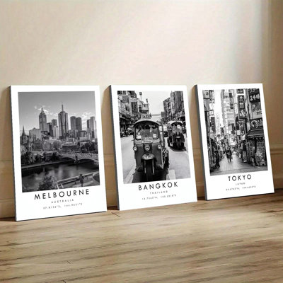 Ensemble de 3 affiches murales encadrées, paysages urbains en noir et blanc de Melbourne, Bangkok et Tokyo. Impressions photographiques, décoration moderne pour salon, chambre ou bureau, thème voyage international avec coordonnées GPS.