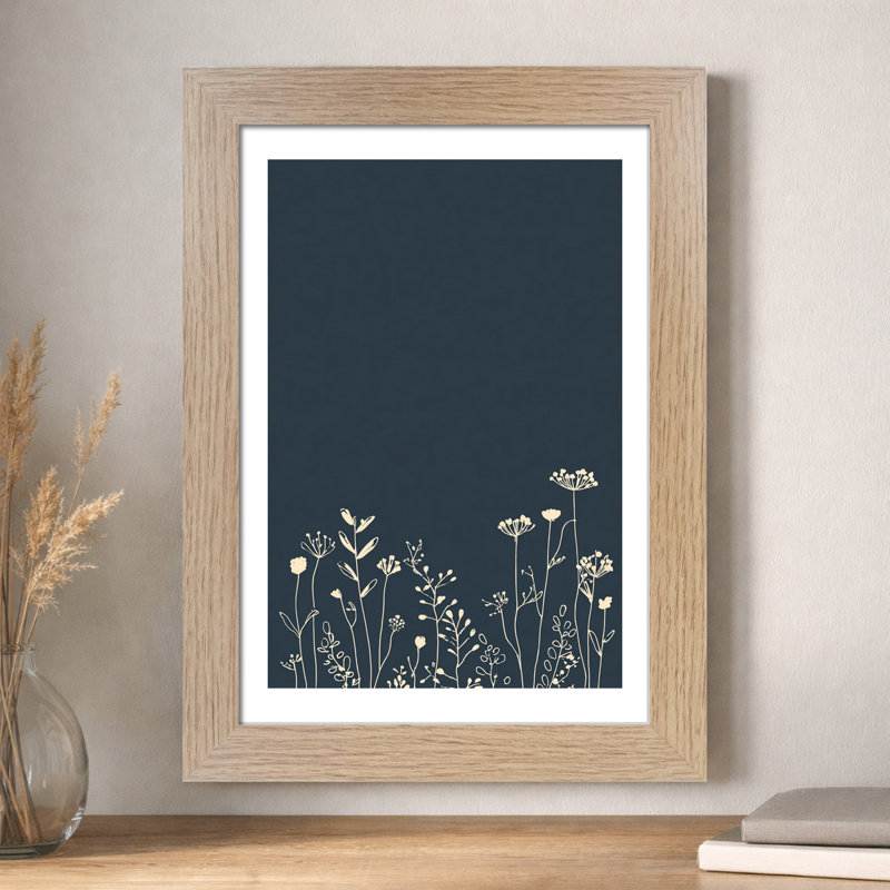 Wall Art Home Decor Giclee Art Print Nordic minimalist botanical linework in deep navy with cream stems, abstract scandinavian composition 1 Piece Wall Art