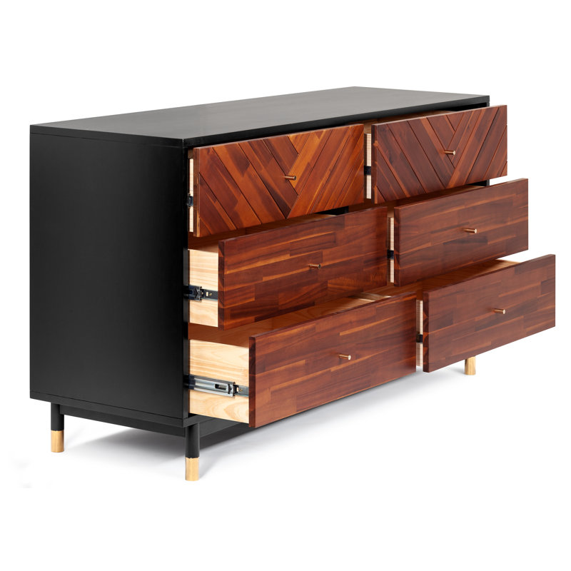 Tigner 55.13" W 6-Drawer Solid Acacia Wood Double Dresser with Gold Handles