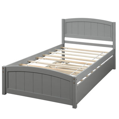 Twin Size Platform Bed With Gray Trundle - Strong Solid Wood For Bedroom Durability In Elegant Frame A Chic