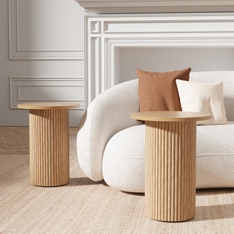 22"Tall Pedestal Wood Round End Table, Handcrafted Solid Wood Fluted（Set Of 2）, Beige