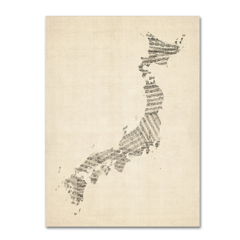 « old sheet music map of japan », reproduction d’impression sur toile tendue, H 47 po x l 35 po x P 2 po