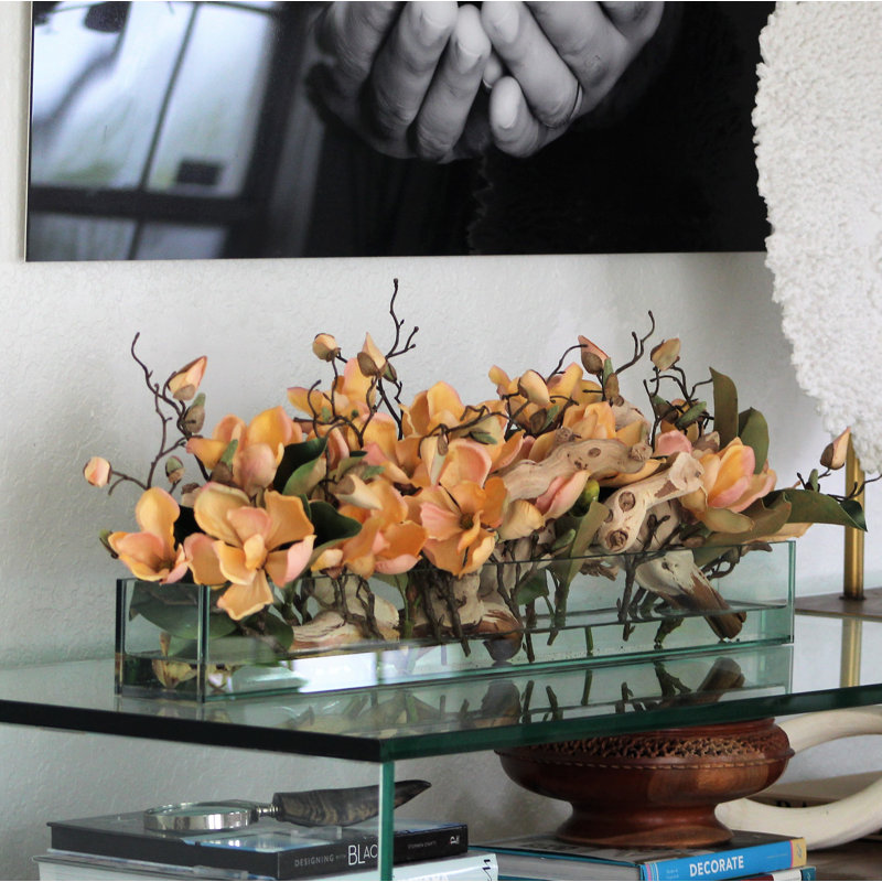 Glass Plate Magnolia Floral Arrangement And Centerpiece In Planter, Peach, 10" H x 48" W x 7" D