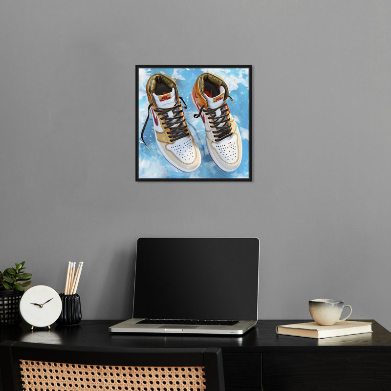 «Sky Sneakers Man Cave» par Notoriart, H 17 po x l 17 po, Cadre noir