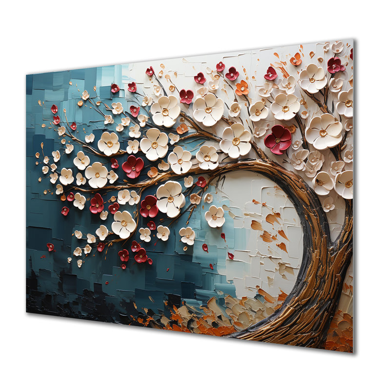 Arbre de fleur rouge et or au clair de lune beauté VI - Art mural en métal arbre, H 16 po x l 32 po x P 1 po