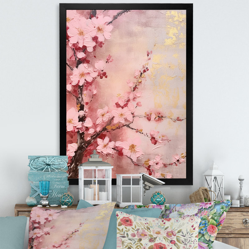 «Cherry Blossoms», collage rose foncé sur toile, Cadre flottant blanc, H 32 po x l 24 po