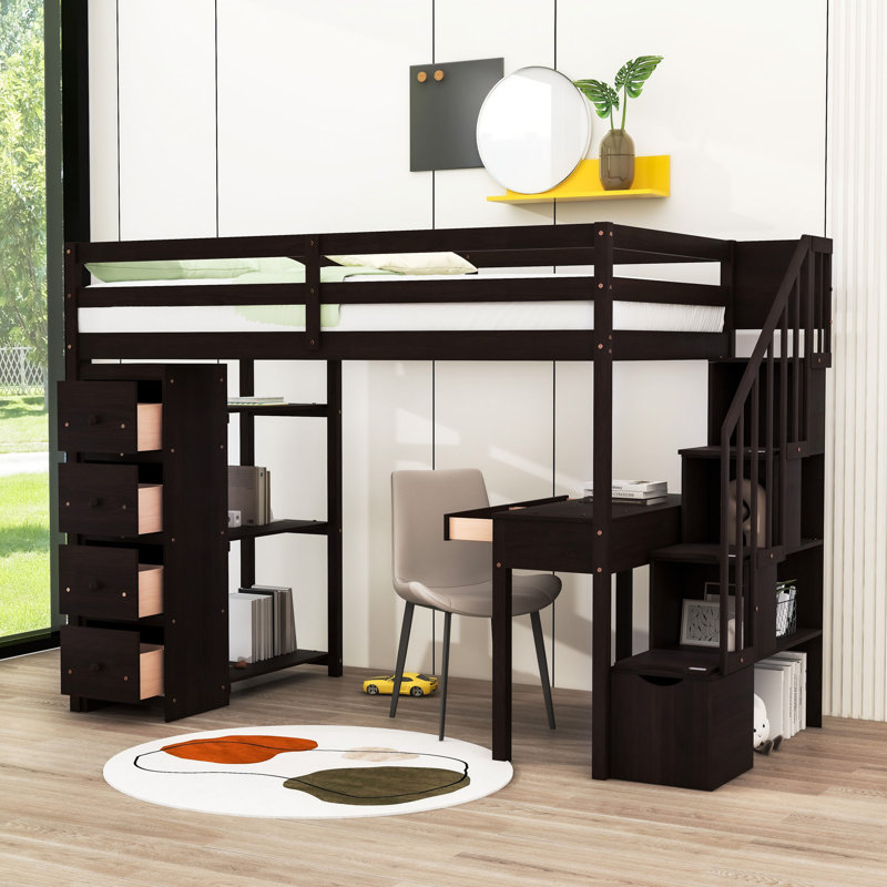 Heuss Kids Twin Loft Bed with Drawers, Espresso