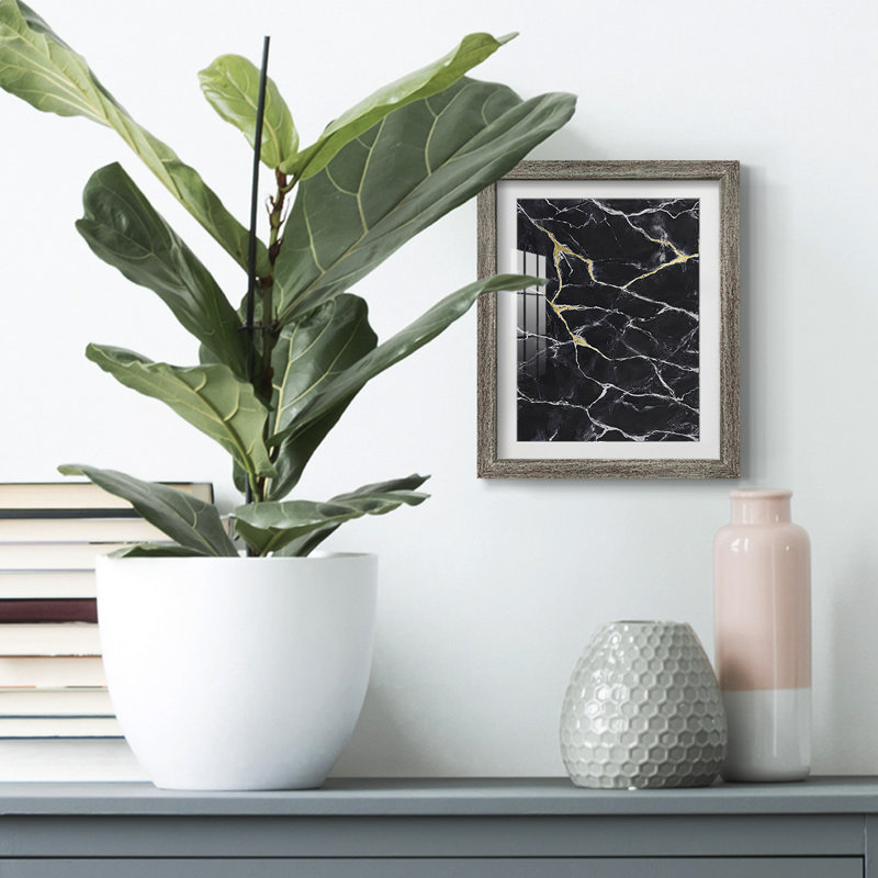 Marbre noir I, reproduction encadrée, Blanc, Papier encadré argent vieilli