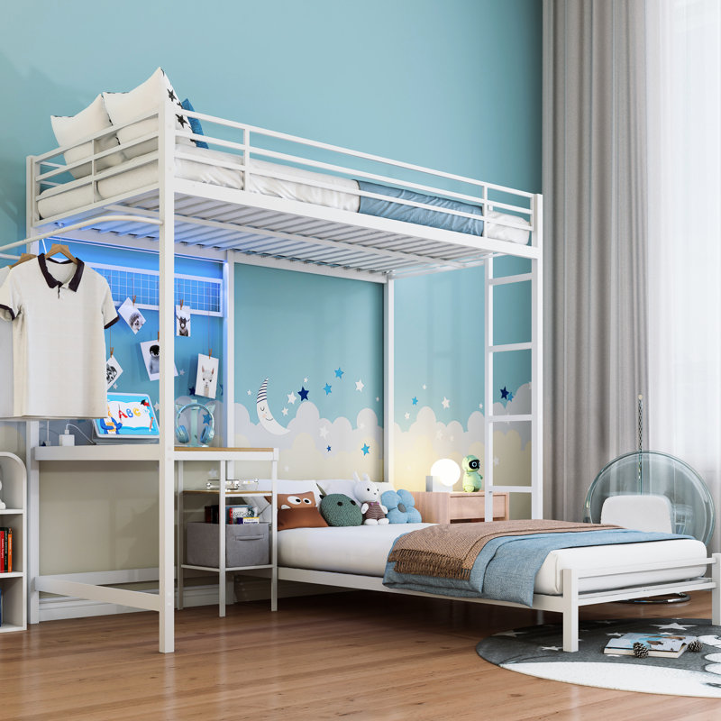 Lit simple superposé avec bureau et prises de courant, fabrication en métal, garde-corps, bureau en forme de L pour les dortoirs, tablettes de rangement, assemblage facile, adolescents