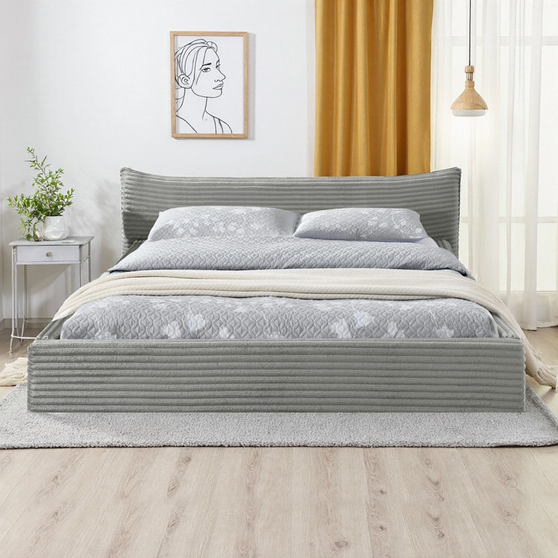 Structure de lit tapissier grand format avec tissu en velours, lit plateforme avec tête de lit courbée pour le soutien du cou, structure en bois massif, design minimaliste moderne