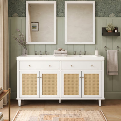 60" Double Sink Bathroom Vanity with SMC Top, Solid Pine Wood Modern Farmhouse Cabinet (White/Brown) with Rattan Doors