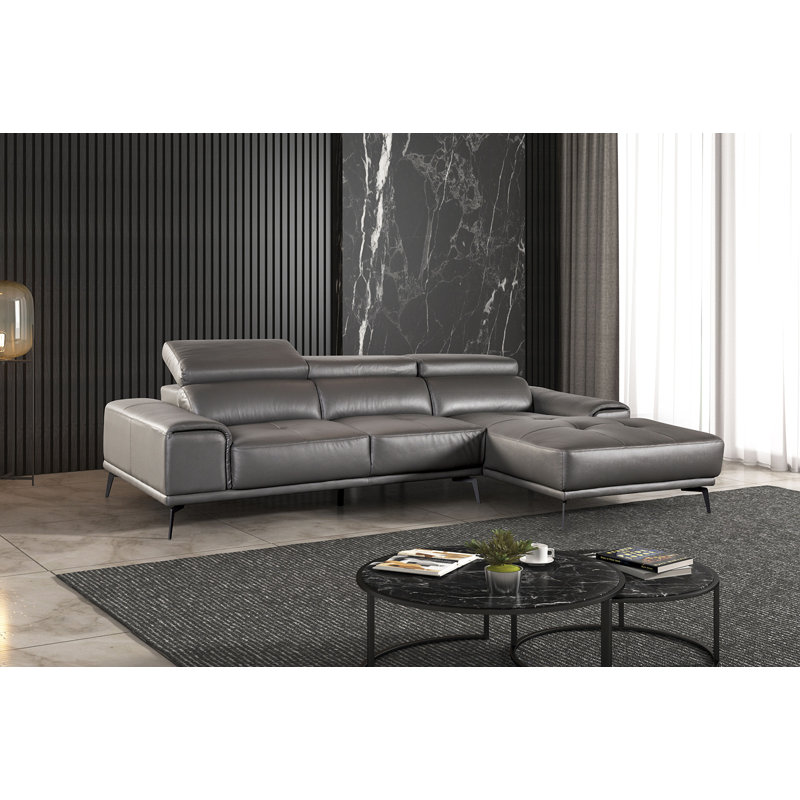 Canapé modulaire contemporain de 111 po de largeur, méridienne gauche, Cuir gris assorti, Face à la droite