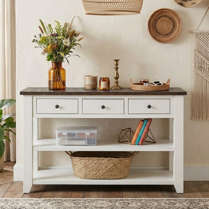 Vintage Rustic 48.83” Console Table with Drawers and Shelves for Entryway and Living Room, Antique White