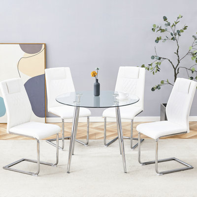 Round Clear Tempered Glass Dining With 4 High - Backed Pu Leather Chairs And Silver Metal Legs, Contemporary Room Decor Legs A Modern Table, Ideal For