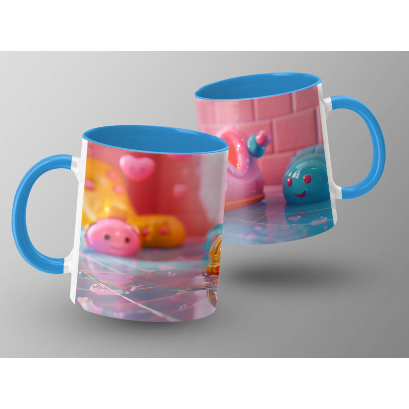 Set of 3 3D Design 11oz Accent Mugs – Ceramic Coffee Cups with a Light Blue Handle and Interior
