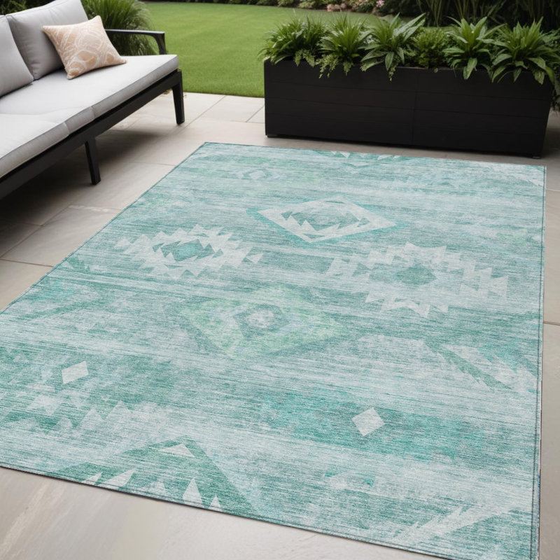 Tapis extérieur turquoise lavable 5 pi x 8 pi Sud-Ouest turquoise et ivoire