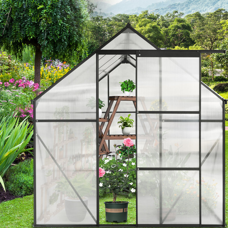 Black Polycarbonate Greenhouse - Heavy Duty, All Season Outdoor For Backyard Sliding Door, Adjustable Roof, Frame Walk-in With Robust Construction Galvanized Base