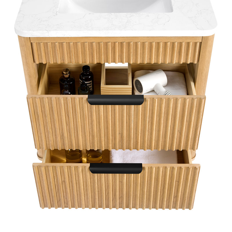 Meuble-lavabo simple 36 po Mumbai, 30", Noir mat, Chêne brun clair patiné
