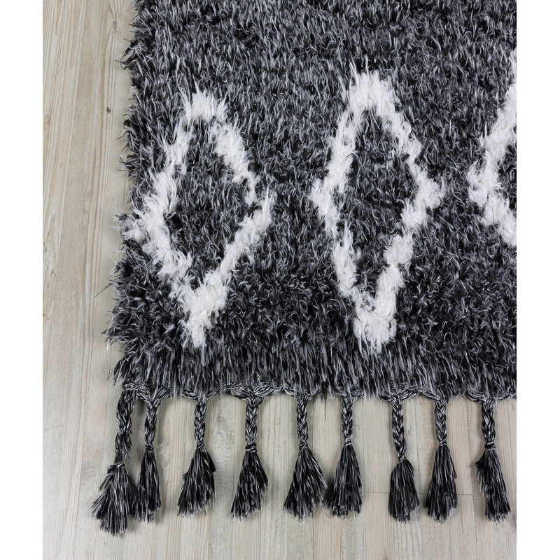 Tapis tissé de haute qualité, anthracite et blanc, 4,0 x 5,9 pi | 100% polyester brillant, hauteur de poils de 1,97 po | 400 000 points de fil, conception à franges | Semelle en jute de coton durable, facile à nettoyer, parfaite pour le salon et les chambres à coucher