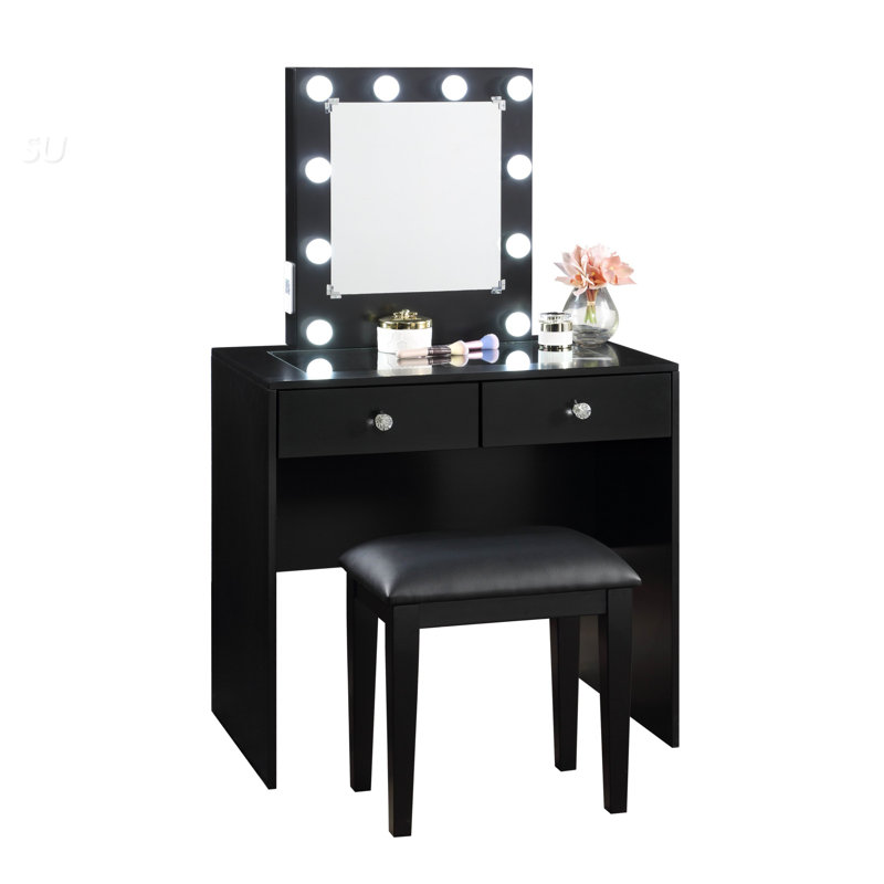 Coiffeuse de maquillage noire avec tabouret, 10 lumières, connexion, prise de courant et 2 tiroirs pour lumières de chambre à coucher et prise de tabouret, alimentation électrique